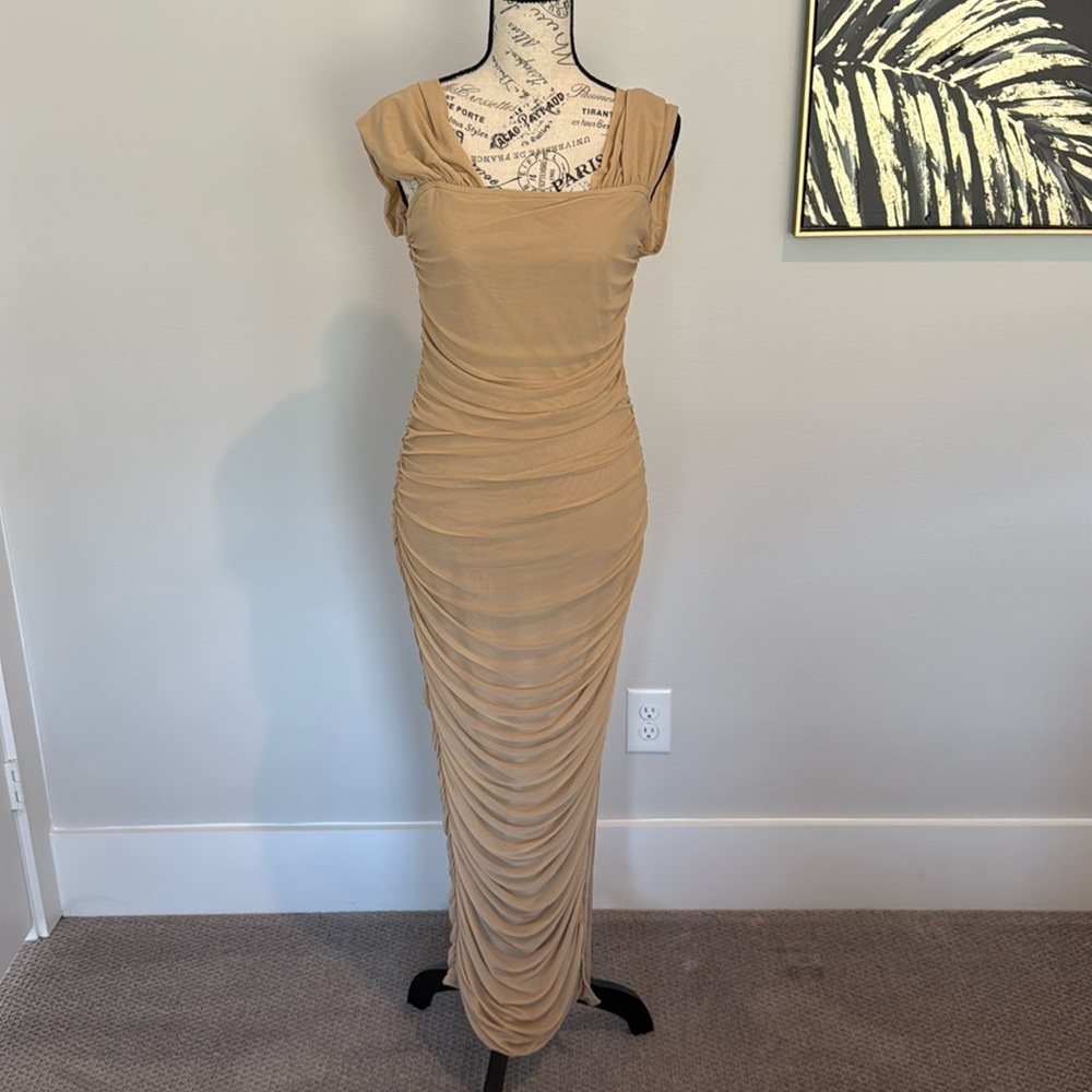 Long Nude off the shoulder dress
